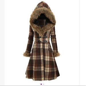 Flannel plaid jacket coat boho fur trim